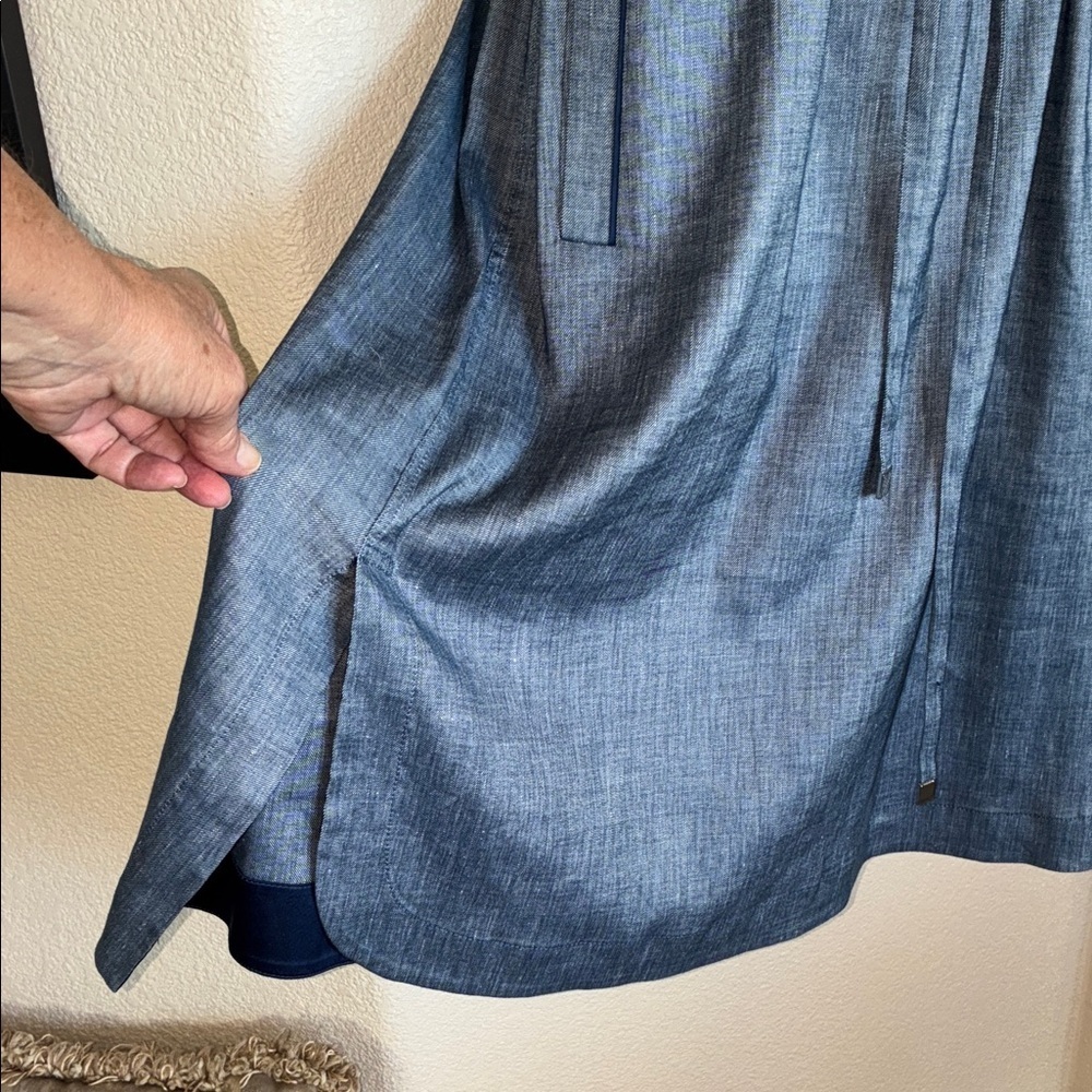 BEAUTIFUL Lustrous Blue Linen Dress, Sleeveless Pockets, Belt, Side Slits L EUC - Picture 10 of 16